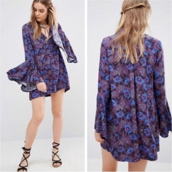 Free People Magic Mystery Print Tunic Dress Floral Boho Dress bell sleeves small - Picture 10 of 10